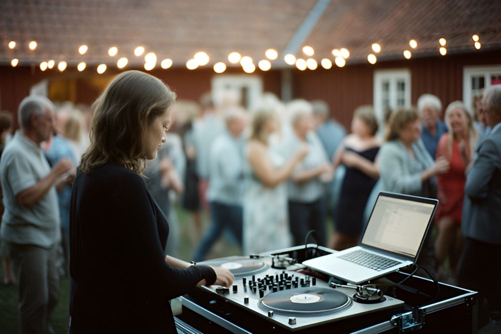 DJ ved pladespillere og bærbar foran dansende gæster under en lyskæde ved en rød længe