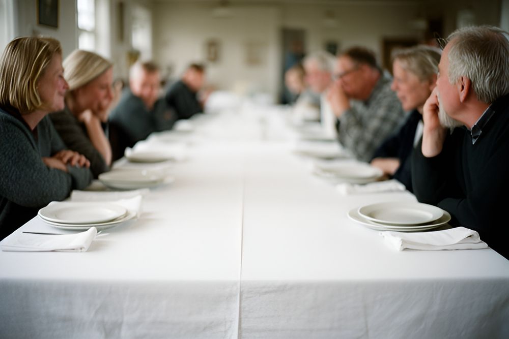 Lang tafel med hvid dug, tallerkener og foldede stofservietter, gæster sidder over for hinanden