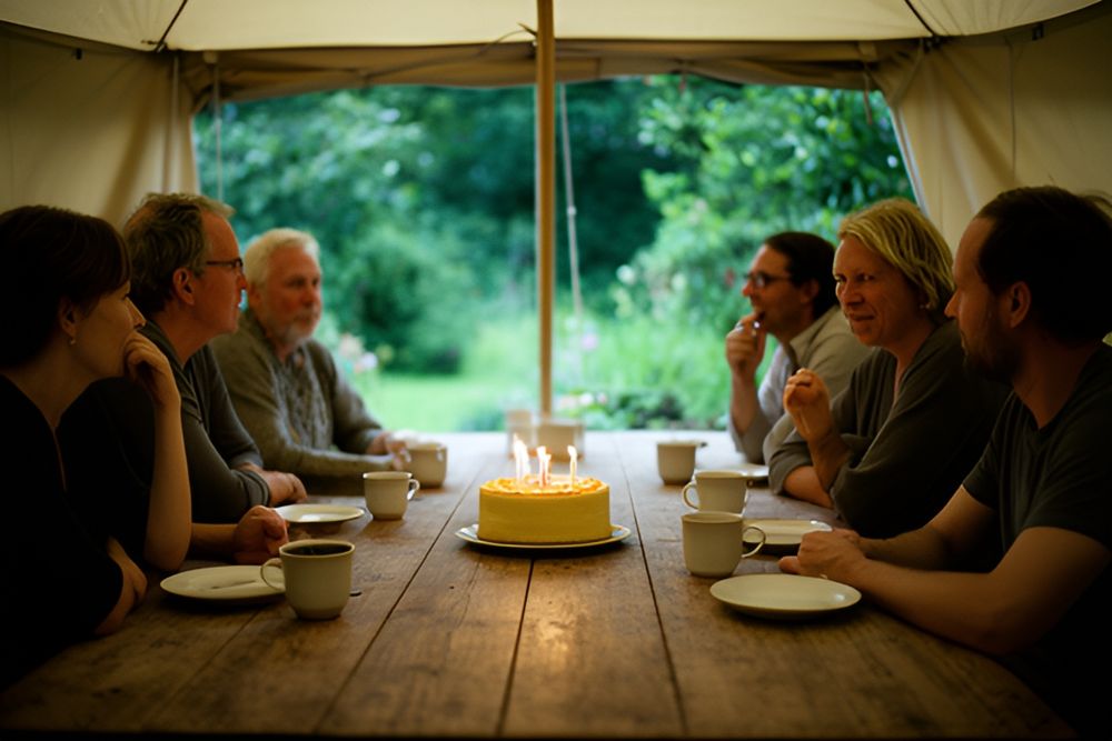Voksne i forskellige aldre sidder om et træbord i et havetelt med åbne sider, en rund lagkage med få lys og kaffekopper foran dem, haven grøn bagved