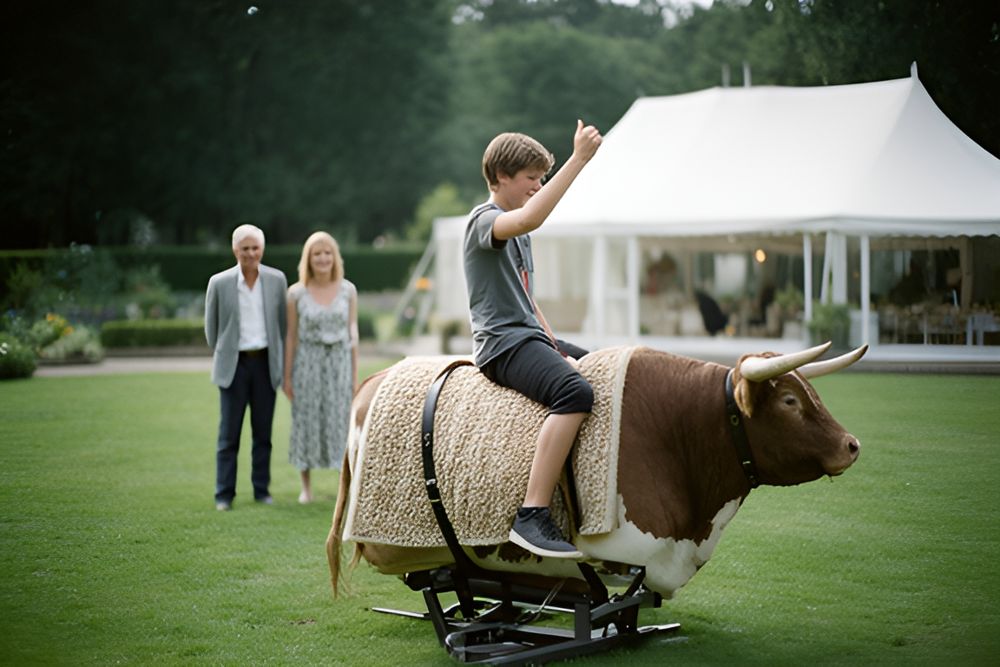 Mekanisk rodeotyr på en græsplæne i en have, en teenager rider med løftet hånd, to voksne ser til foran et hvidt telt