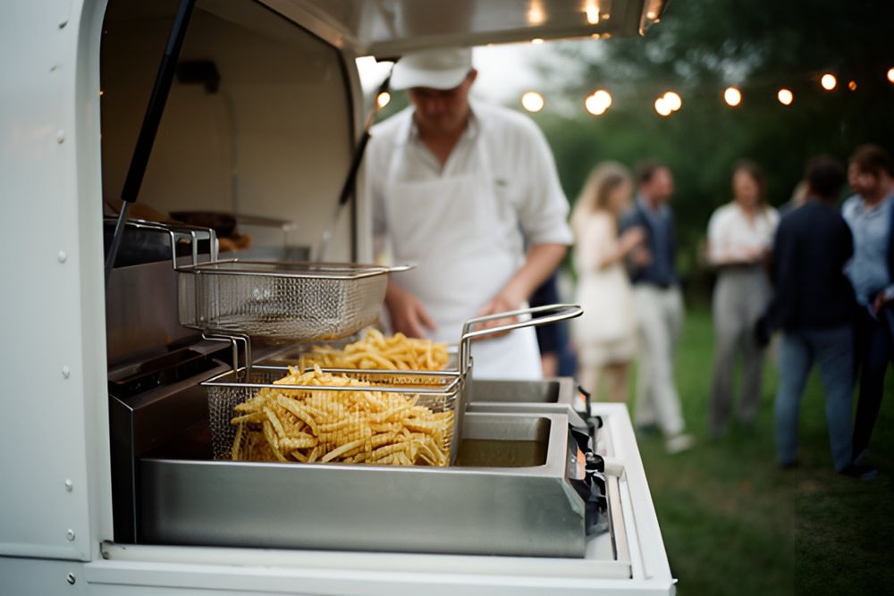Kok i hvid forklæde ved en frituregryde med to kurve pommes frites i en hvid foodtruck, gæster står sløret bagved under lyskæder