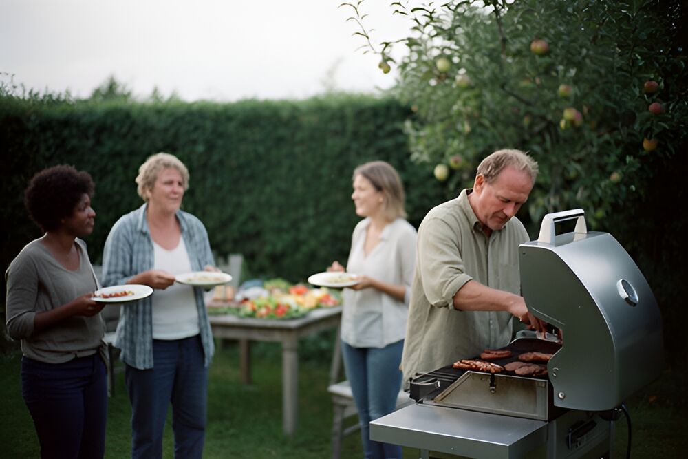 Mand grillerer pølser og bøffer på en stor rustfri gasgrill i en dansk have, tre gæster med tallerkener snakker i baggrunden.