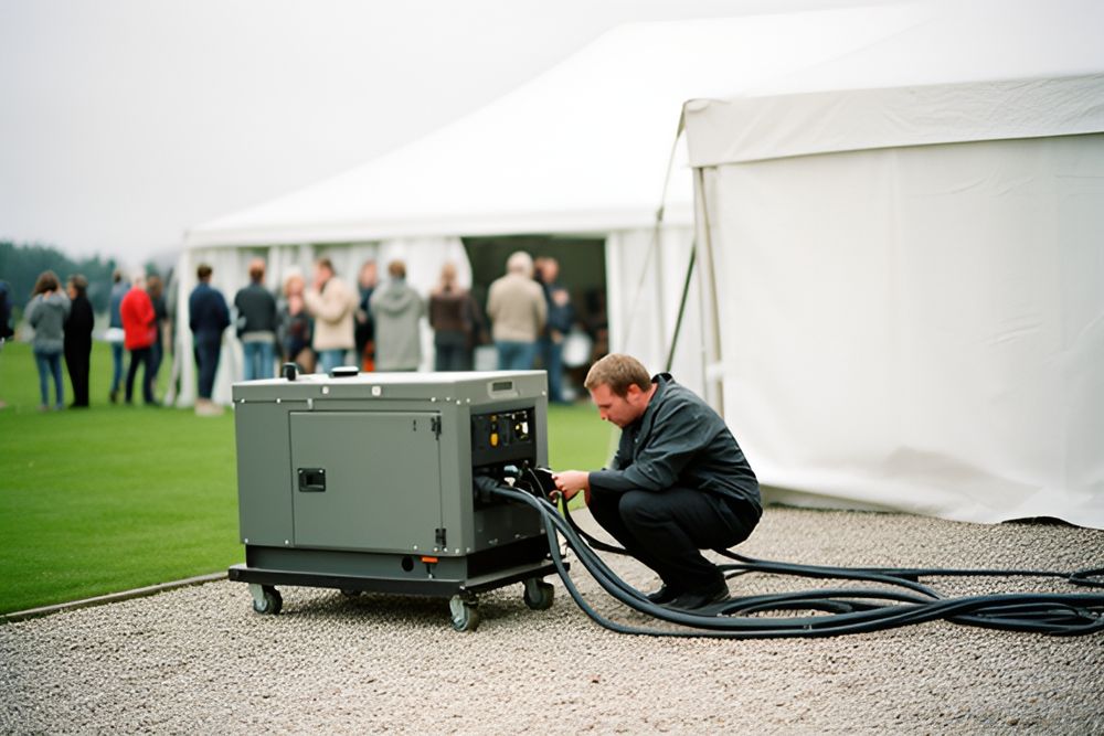 Tekniker slutter et kabel til en lukket generator på hjul ved en eventplads