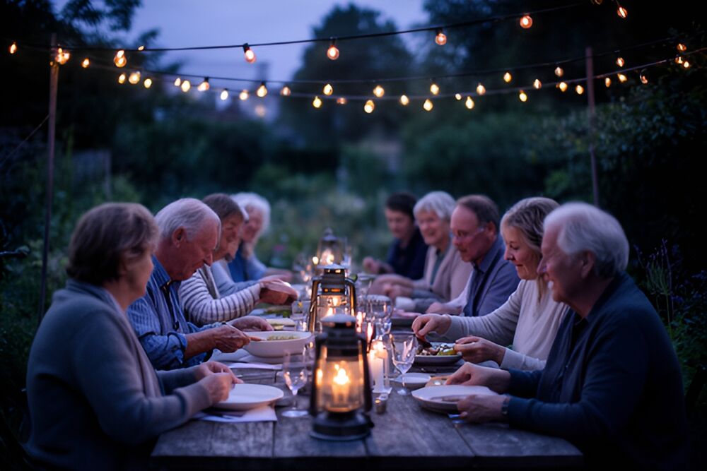Venner og naboer sidder ved et langt bord med lanterner og lyskæder i en have i skumringen