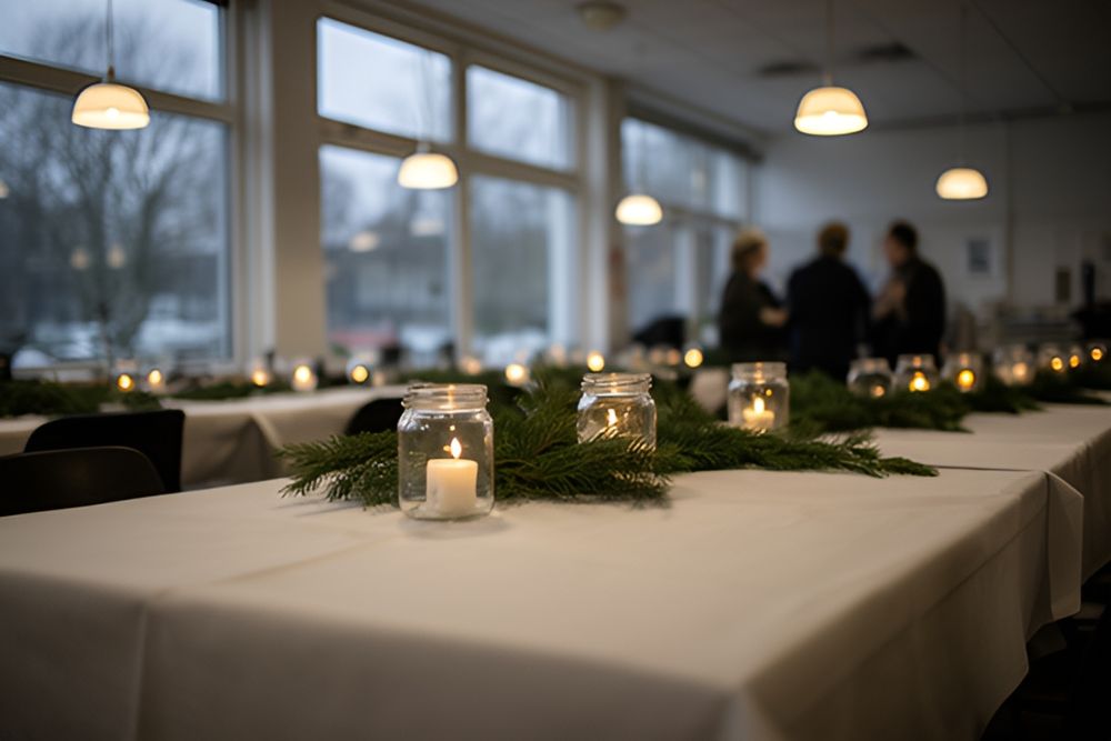 Virksomhedens kantine med lange borde med hvide duge, grangrene og stearinlys i glas lagt til julefrokost, store vinduer med gråt vinterlys og tre kolleger i samtale for enden af lokalet