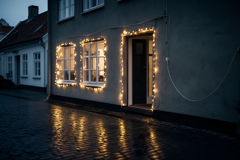 Butiksfacade på en dansk bygade i vinterskumring, pyntet med lyskæder om to vinduer og døren, mens et kabel løber langs væggen.