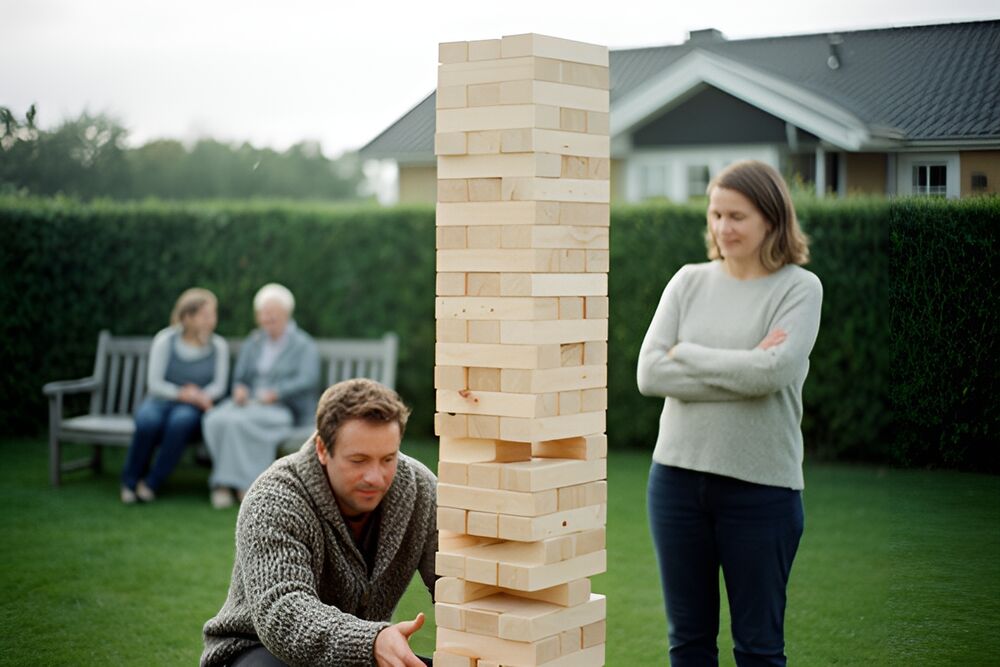 Mand tager sin tur ved et højt kæmpe-jenga-tårn på en græsplæne, kvinde ser til, to voksne sidder på bænk foran hæk og hus.