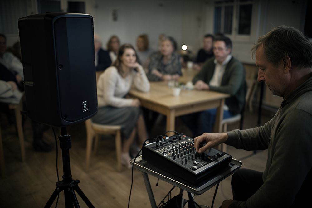 Sort højttaler på stativ og et lille mixerbord, som en midaldrende mand justerer, i et forsamlingshus med gæster ved et træbord i baggrunden.