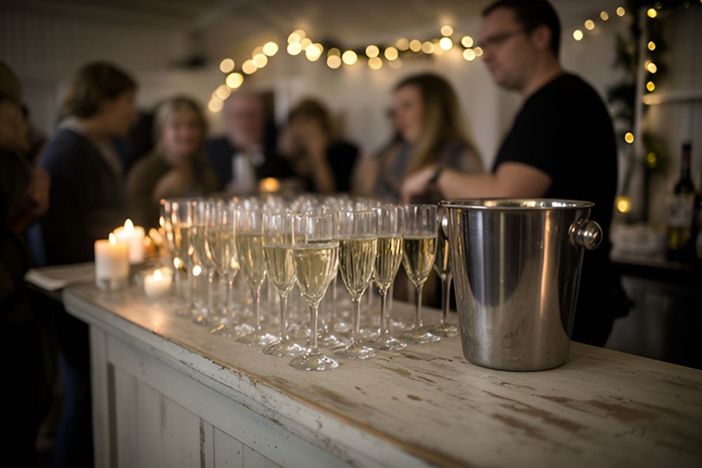 Række af glas med mousserende vin og en isspand på en lys, slidt bardisk under lyskæder, mens gæster taler sammen i baggrunden
