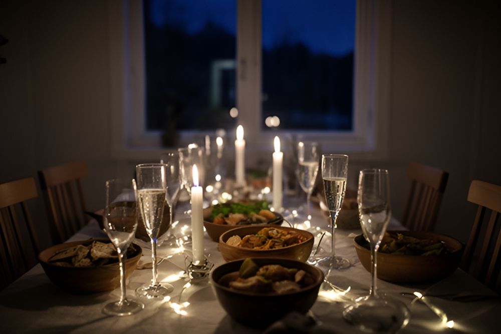 Dækket langbord med champagneglas, lys og lyskæde