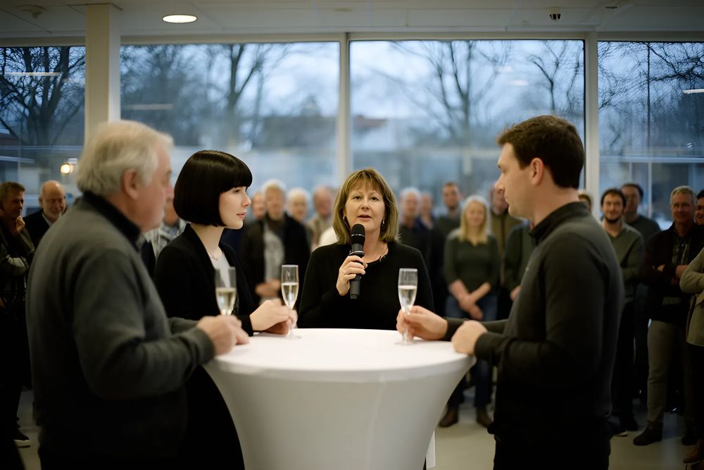 En kvinde holder tale med en trådløs mikrofon til en nytårskur i en lys kantine, mens tre gæster med champagneglas står ved et højt ståbord med hvidt betræk og de andre lytter bagved