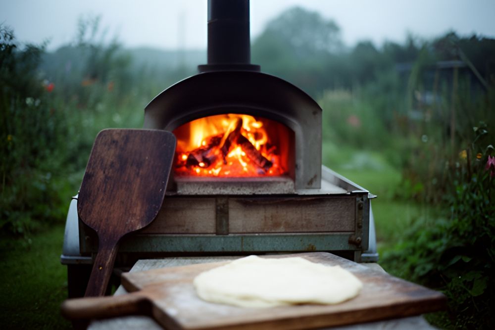 Mobil træpizzaovn med levende ild og pizzadej på et bræt i en have