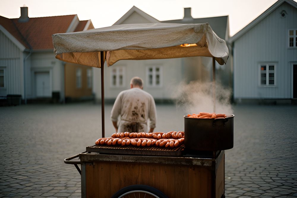 Pølsevogn om aftenen med åben serveringsluge og gæster foran