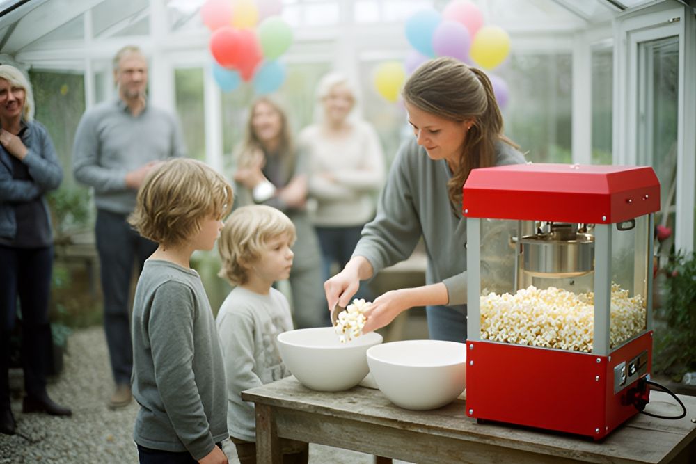 Kvinde øser popcorn fra en rød popcornmaskine i et drivhus, to børn venter ved bordet