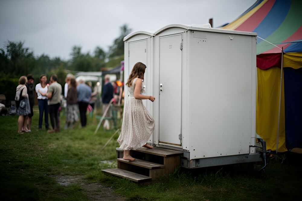 Kvinde i sommerkjole går op ad trinnene til en hvid toiletvogn ved siden af et festtelt, mens gæster står og snakker i baggrunden.